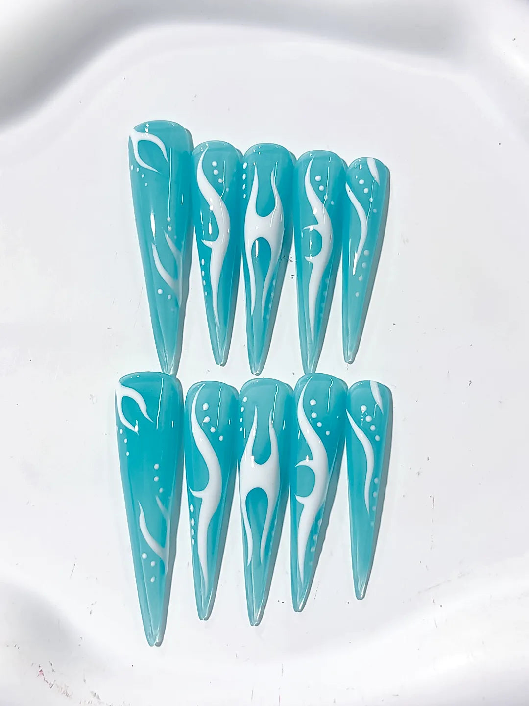 K029 - Long Blue White Stiletto Abstract Flame