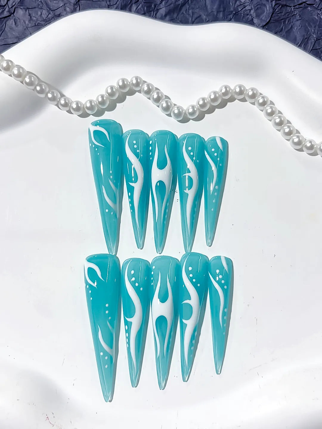K029 - Long Blue White Stiletto Abstract Flame