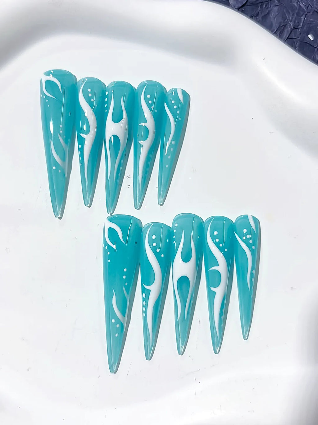 K029 - Long Blue White Stiletto Abstract Flame