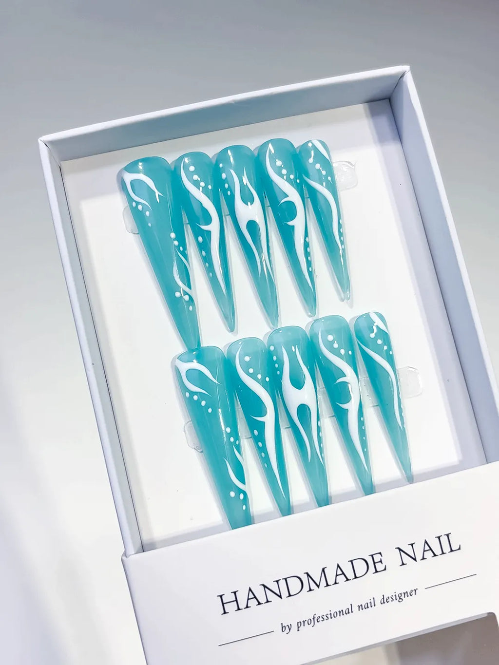 K029 - Long Blue White Stiletto Abstract Flame