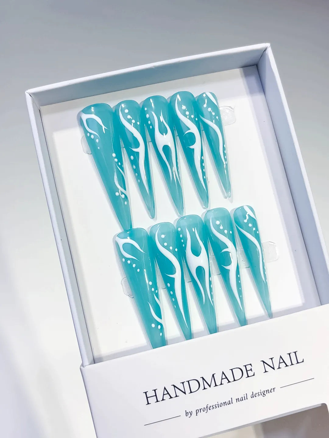 K029 - Long Blue White Stiletto Abstract Flame