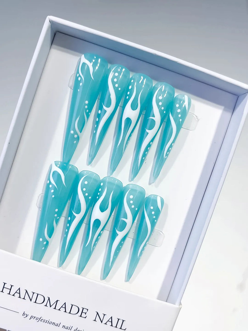 K029 - Long Blue White Stiletto Abstract Flame