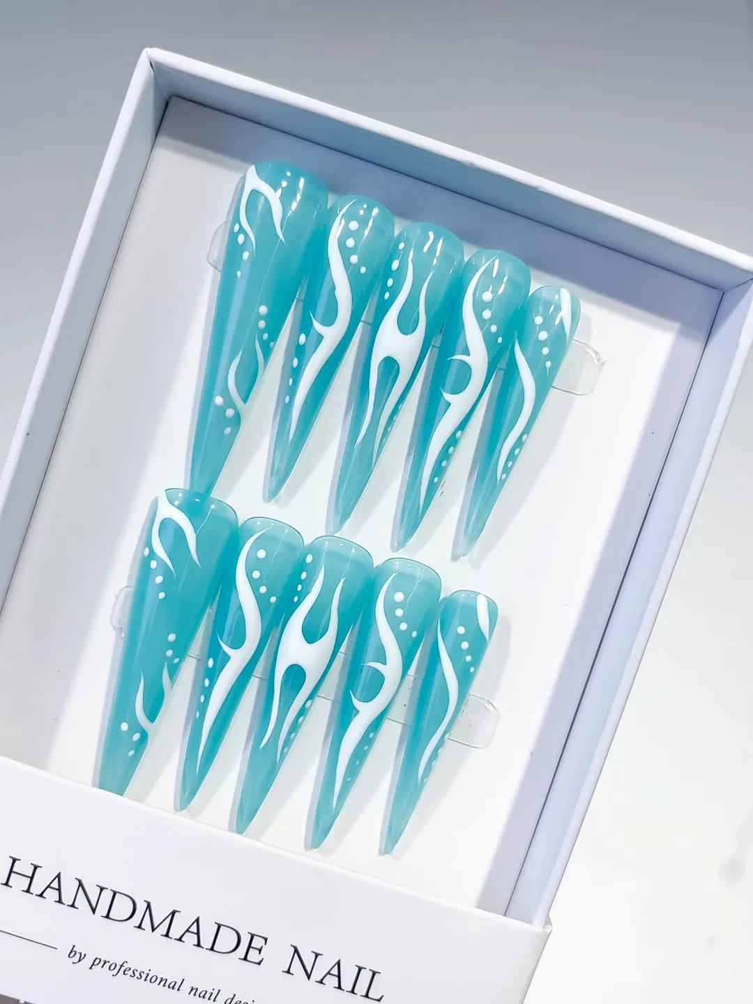 K029 - Long Blue White Stiletto Abstract Flame