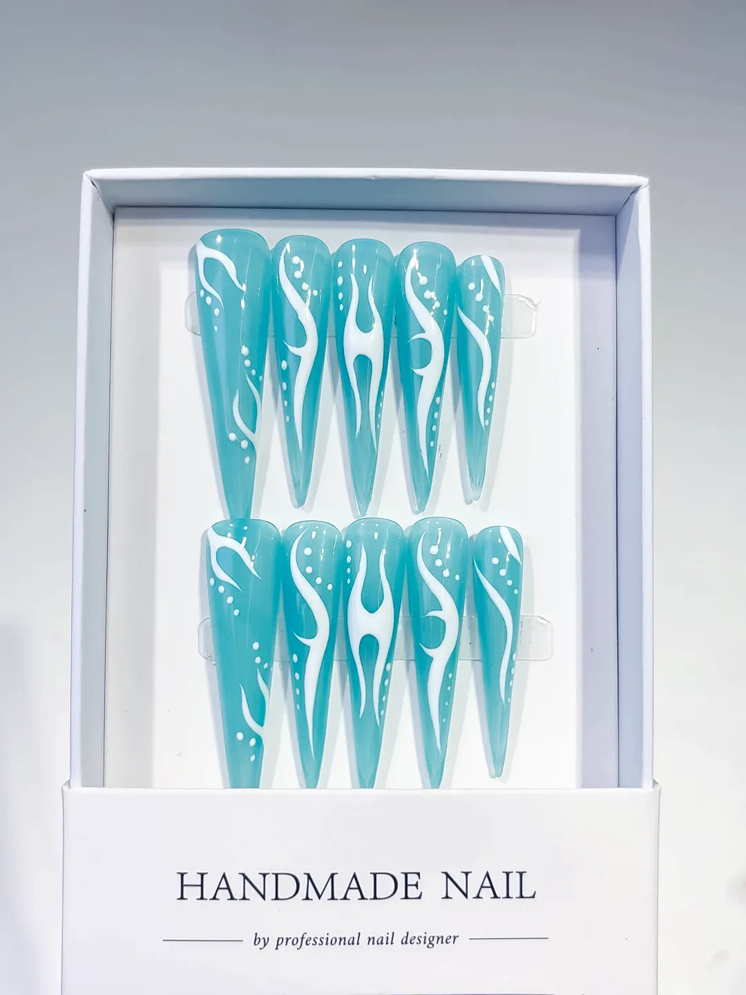 K029 - Long Blue White Stiletto Abstract Flame