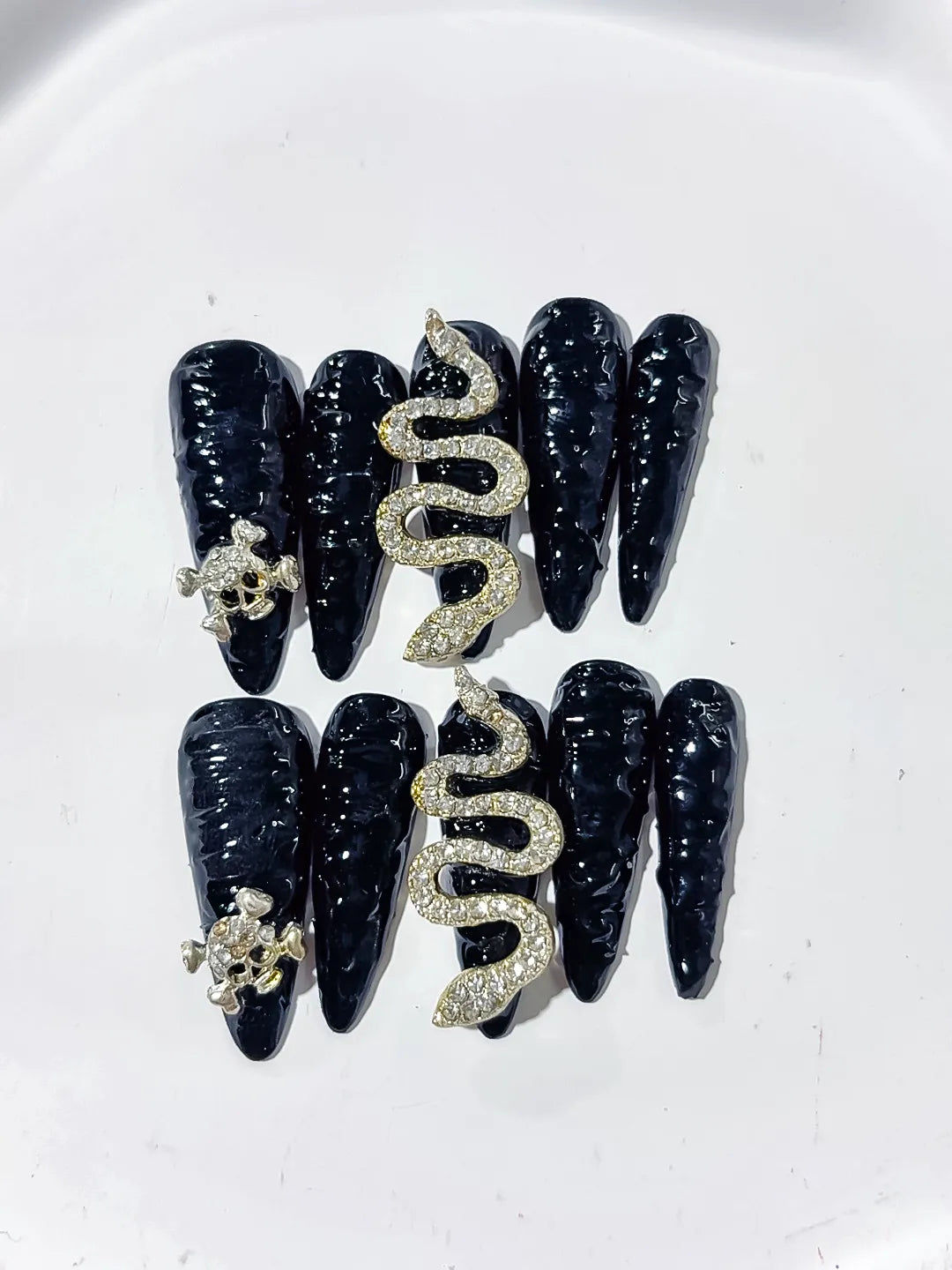 K031 - Long Black Gold Stiletto Solid color Snake Crown