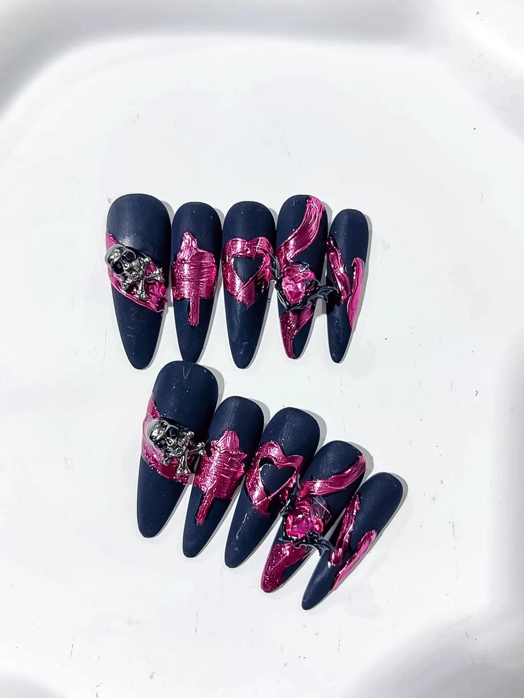 K032 - Long Black Purple Stiletto Abstract Heart Metallic Accent