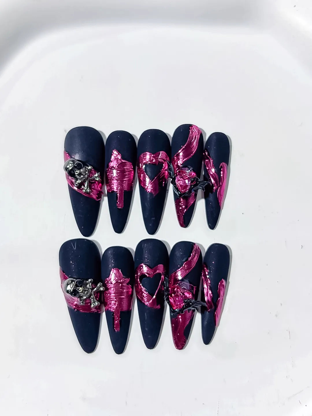 K032 - Long Black Purple Stiletto Abstract Heart Metallic Accent