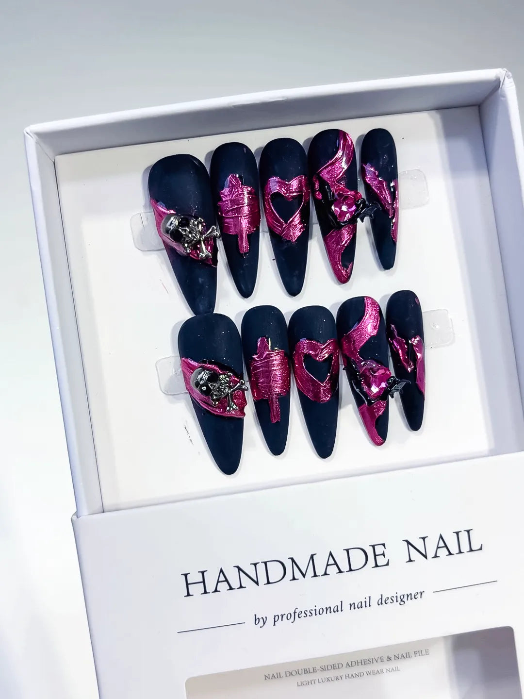 K032 - Long Black Purple Stiletto Abstract Heart Metallic Accent