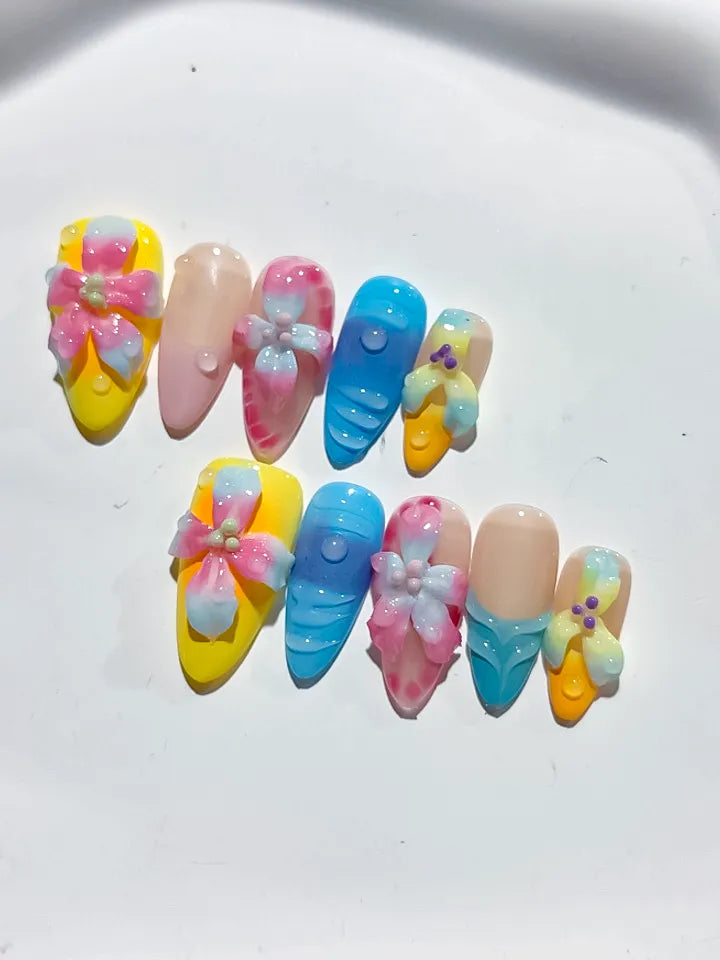 K033 - Medium Yellow Blue Almond Abstract Flower Dot