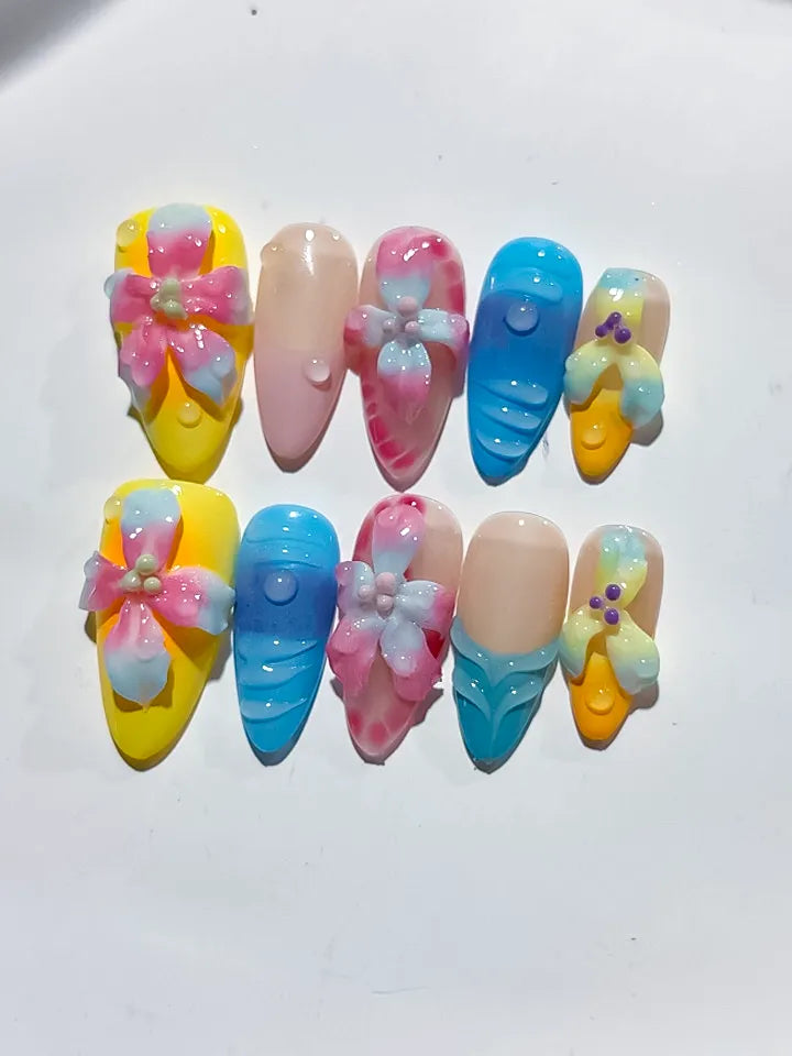 K033 - Medium Yellow Blue Almond Abstract Flower Dot