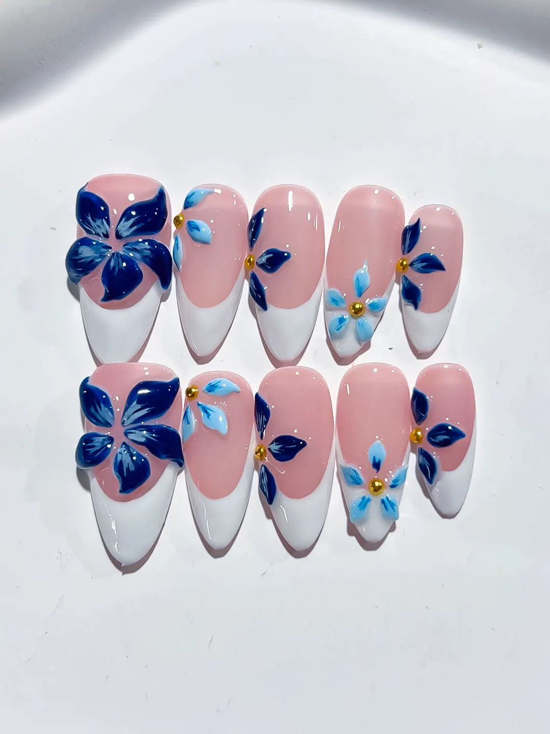 K034 - Medium Pink White Almond French tip Flower