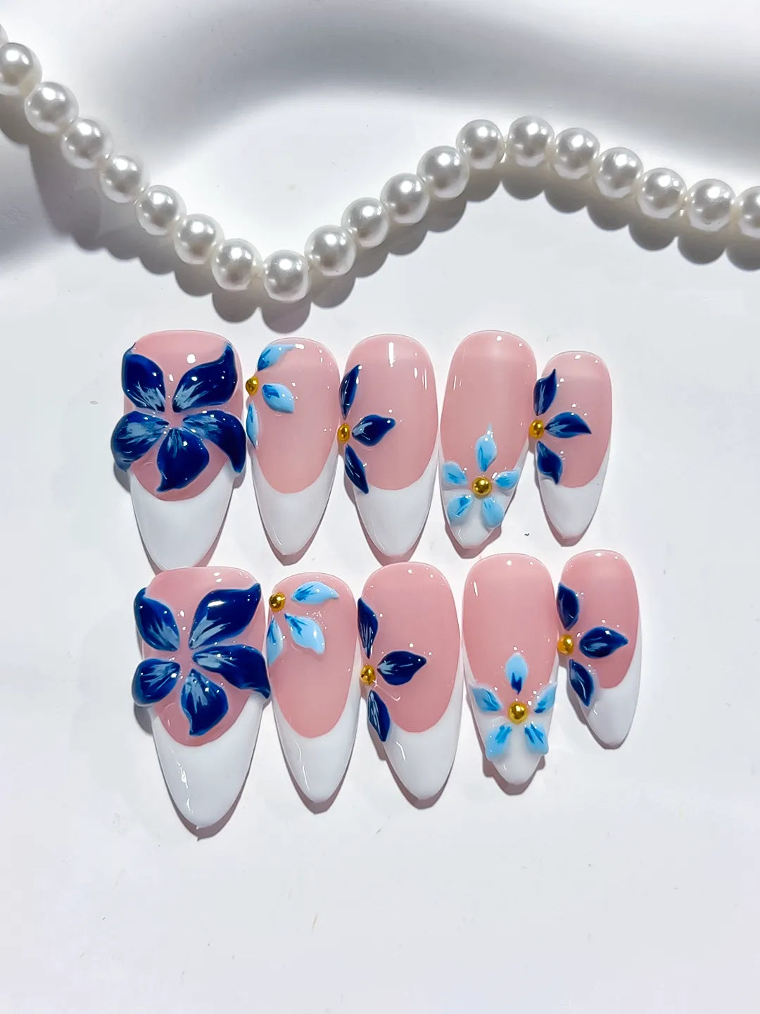 K034 - Medium Pink White Almond French tip Flower