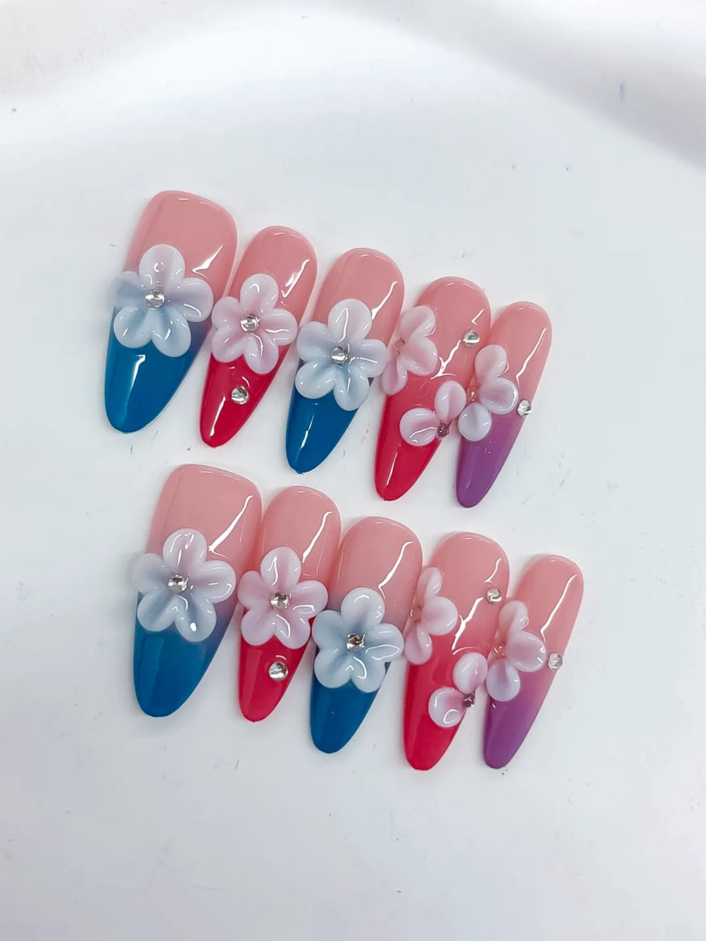 K035 - Long Pink Blue Almond French tip Flower Rhinestone