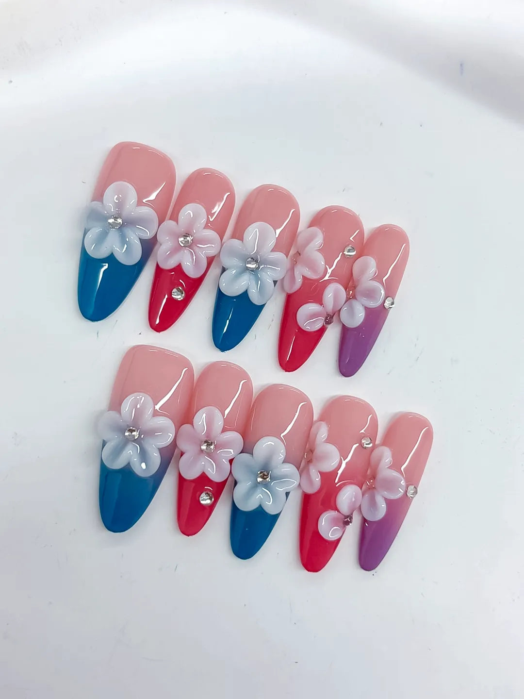 K035 - Long Pink Blue Almond French tip Flower Rhinestone