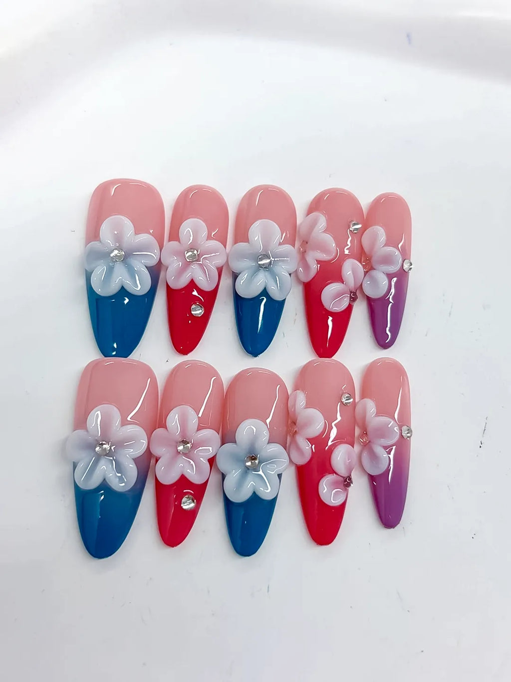 K035 - Long Pink Blue Almond French tip Flower Rhinestone