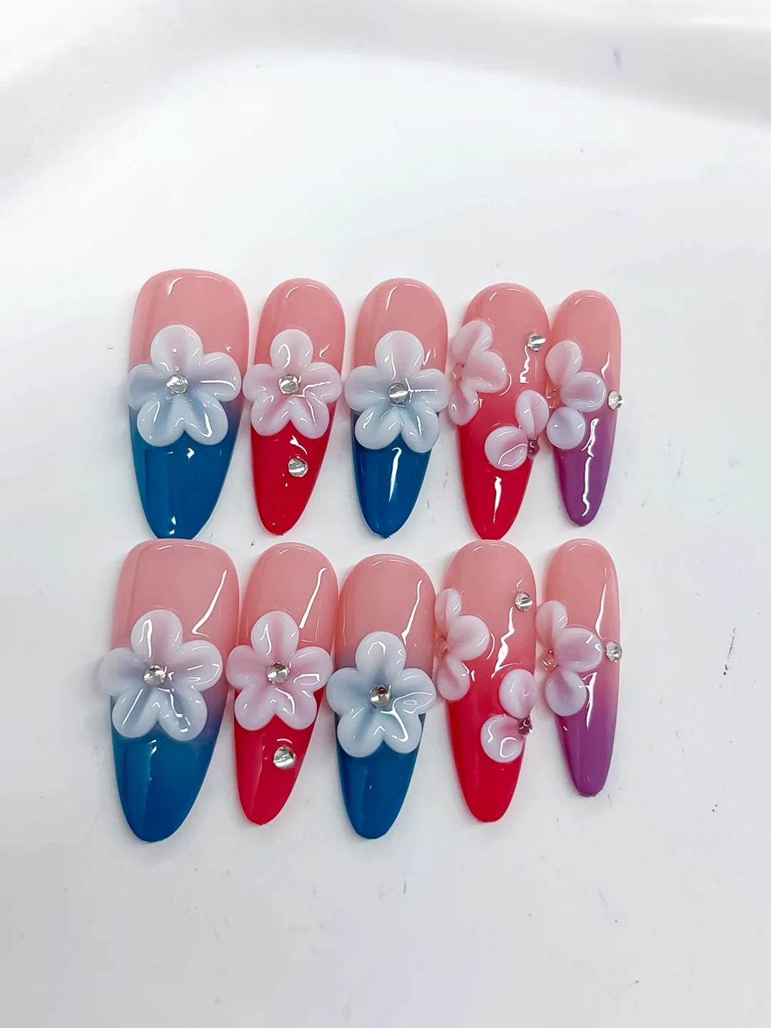 K035 - Long Pink Blue Almond French tip Flower Rhinestone