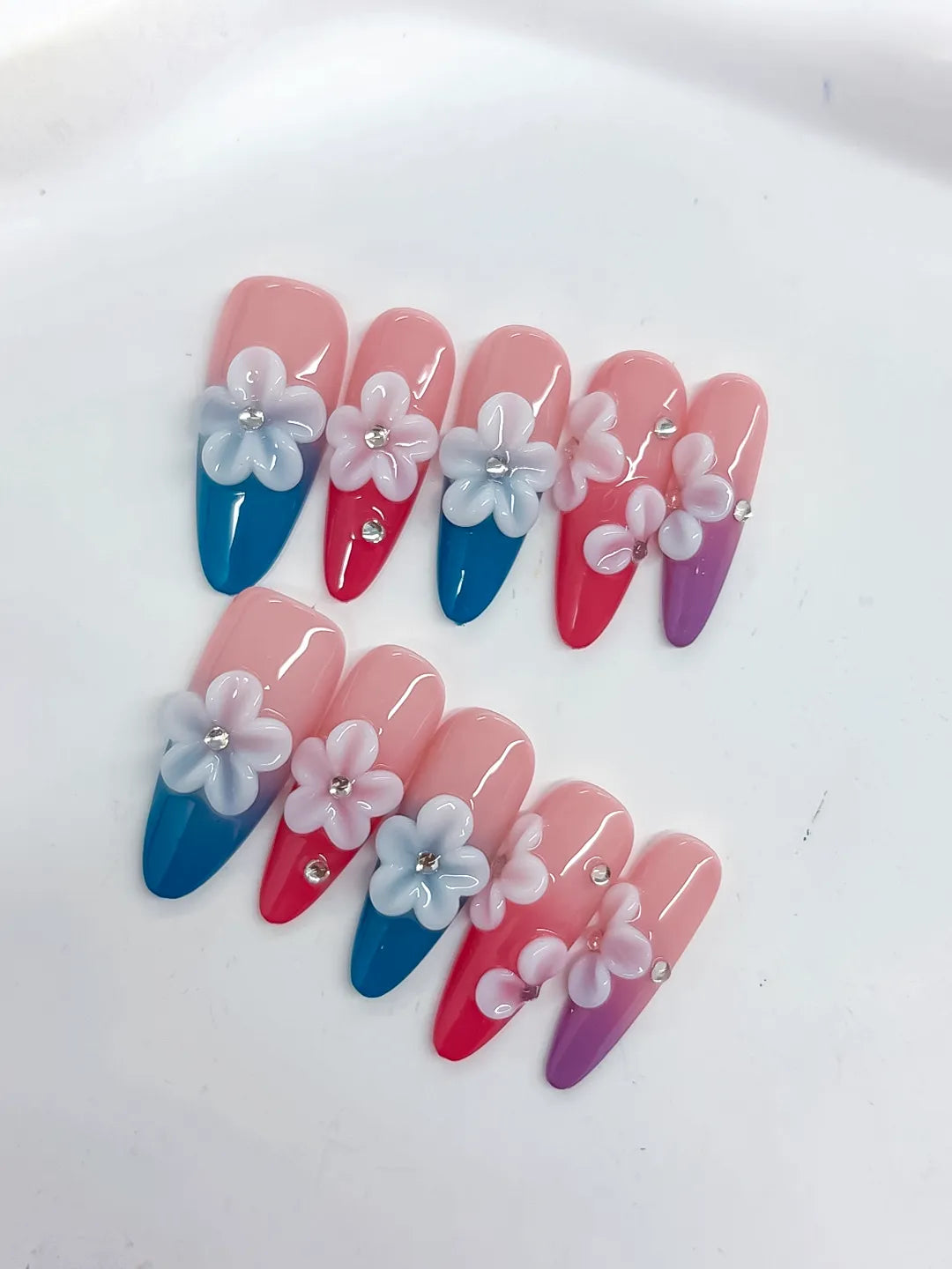 K035 - Long Pink Blue Almond French tip Flower Rhinestone
