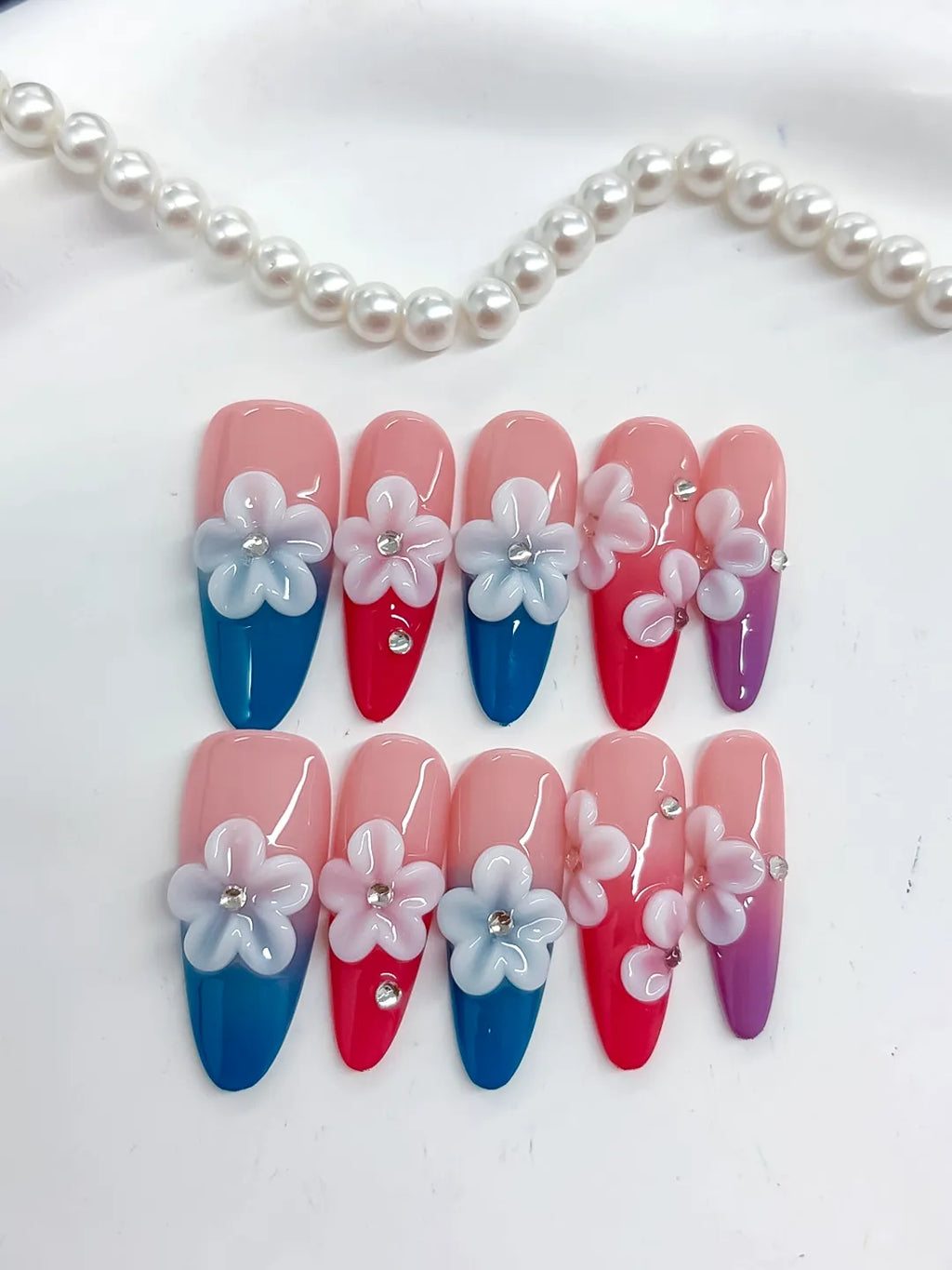 K035 - Long Pink Blue Almond French tip Flower Rhinestone