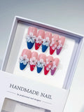 K035 - Long Pink Blue Almond French tip Flower Rhinestone