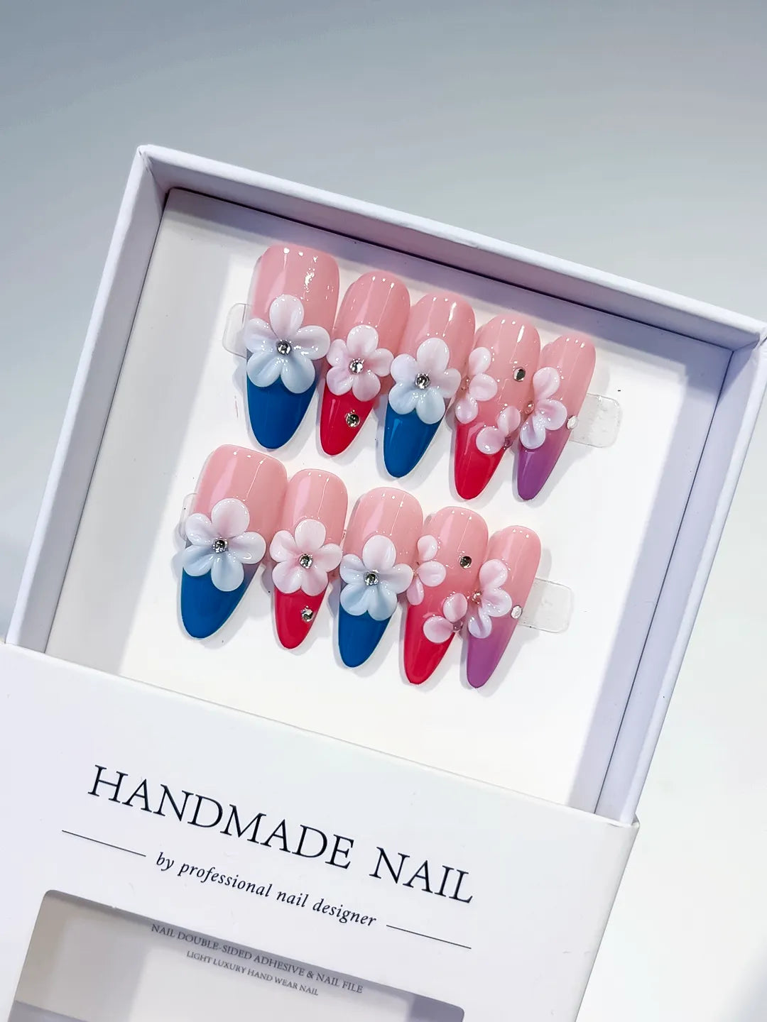 K035 - Long Pink Blue Almond French tip Flower Rhinestone