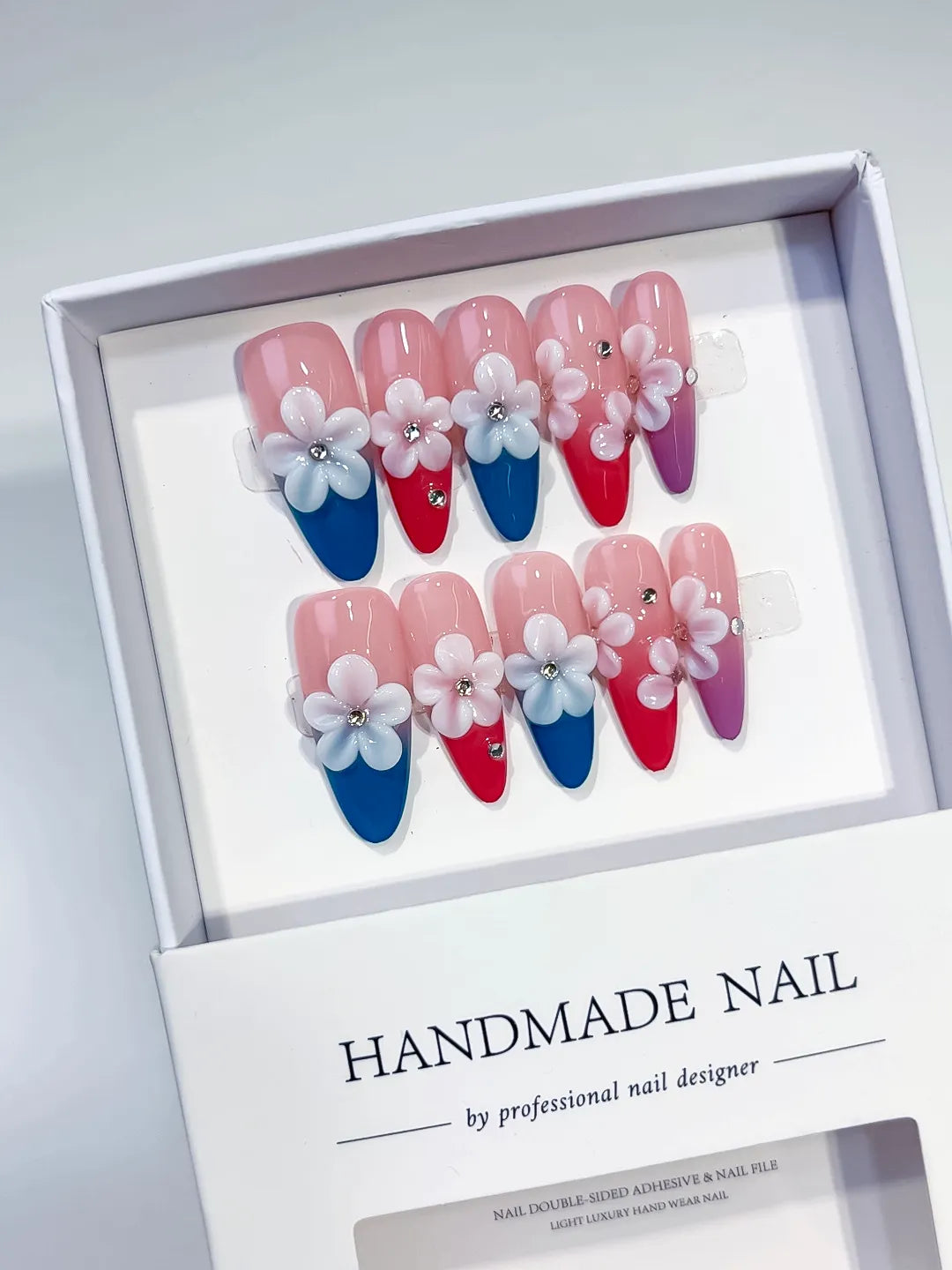 K035 - Long Pink Blue Almond French tip Flower Rhinestone