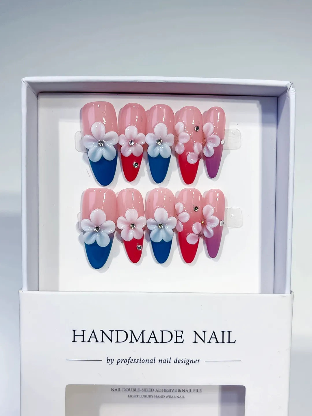 K035 - Long Pink Blue Almond French tip Flower Rhinestone