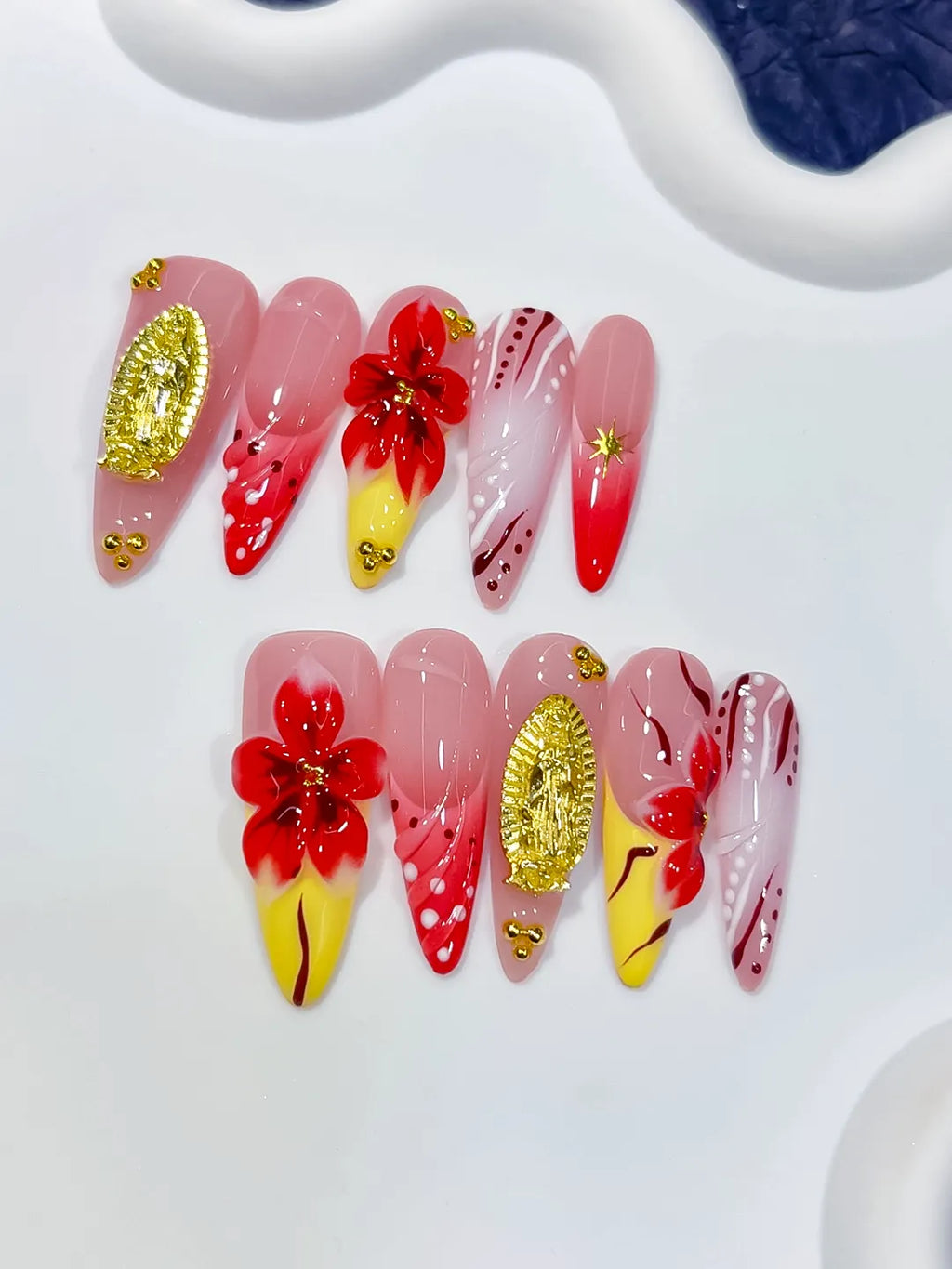 K038 - Long Pink Red Almond Abstract Flower Metallic Accent