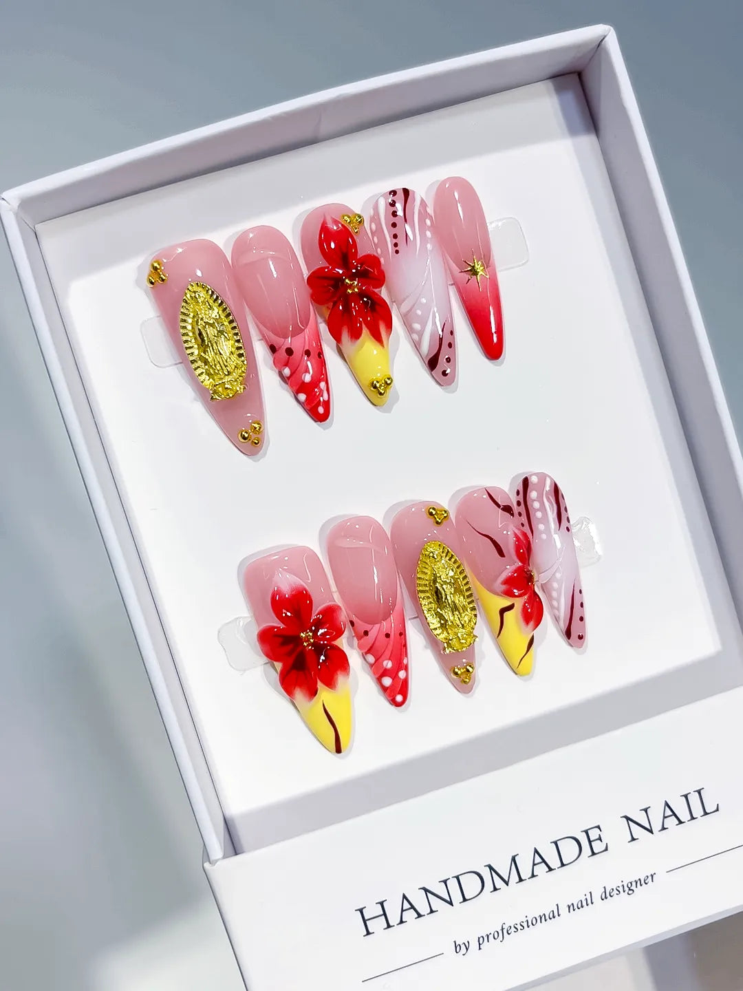 K038 - Long Pink Red Almond Abstract Flower Metallic Accent