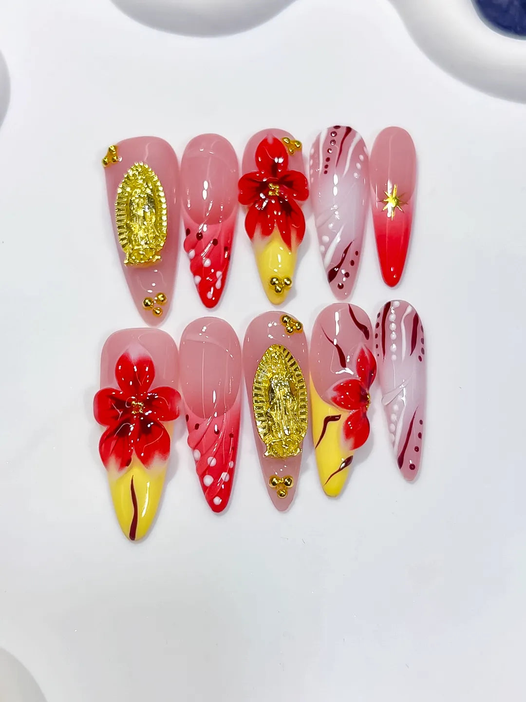 K038 - Long Pink Red Almond Abstract Flower Metallic Accent