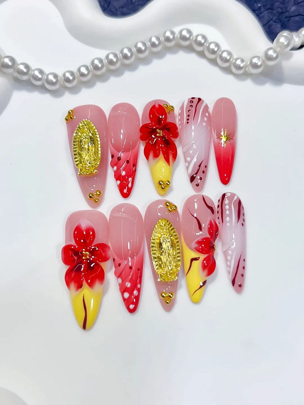 K038 - Long Pink Red Almond Abstract Flower Metallic Accent