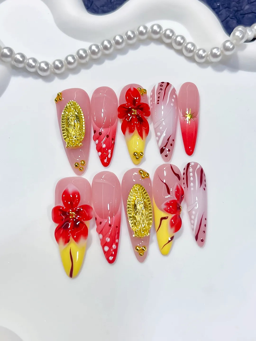 K038 - Long Pink Red Almond Abstract Flower Metallic Accent
