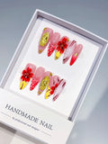 K038 - Long Pink Red Almond Abstract Flower Metallic Accent