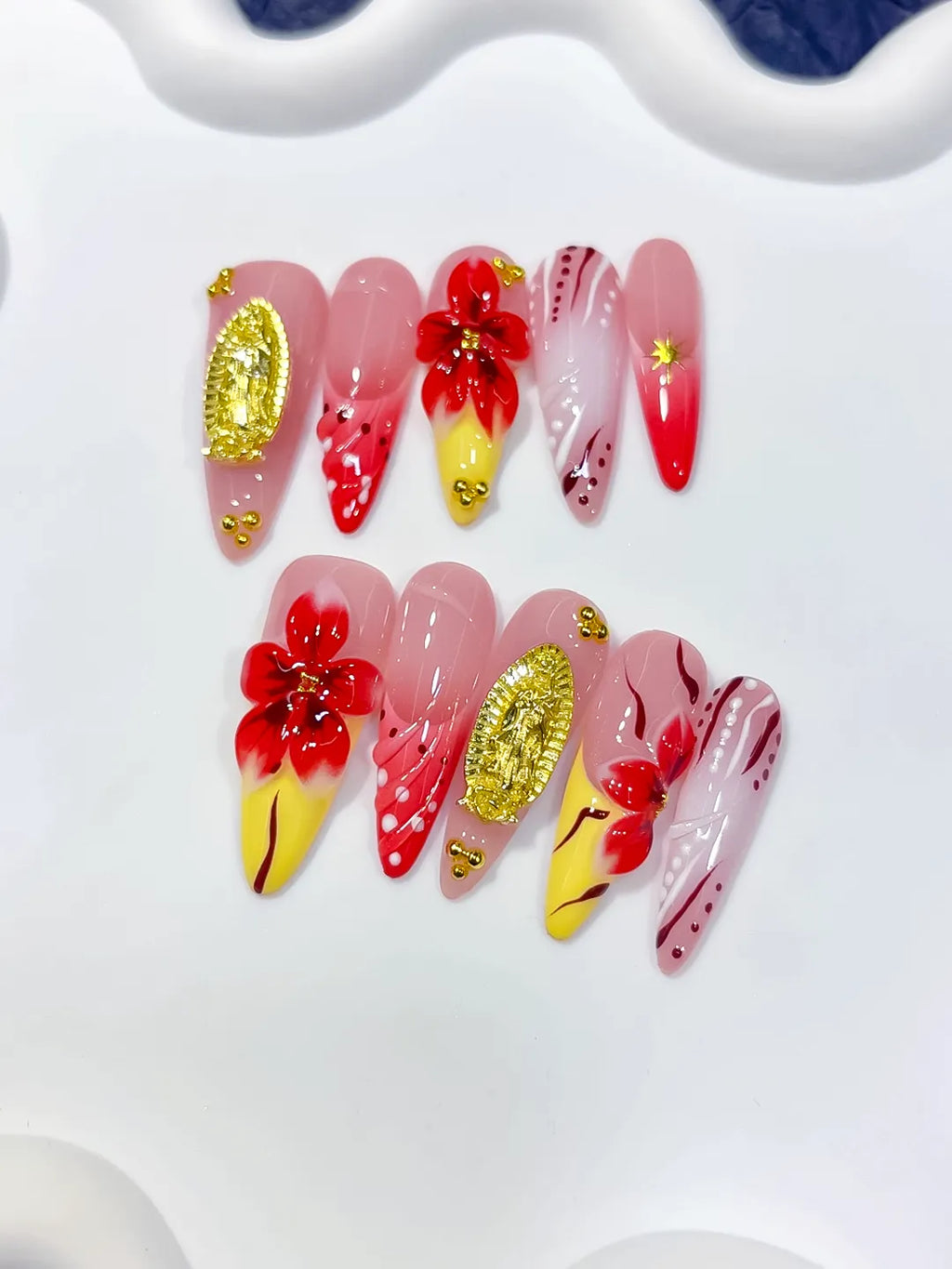 K038 - Long Pink Red Almond Abstract Flower Metallic Accent