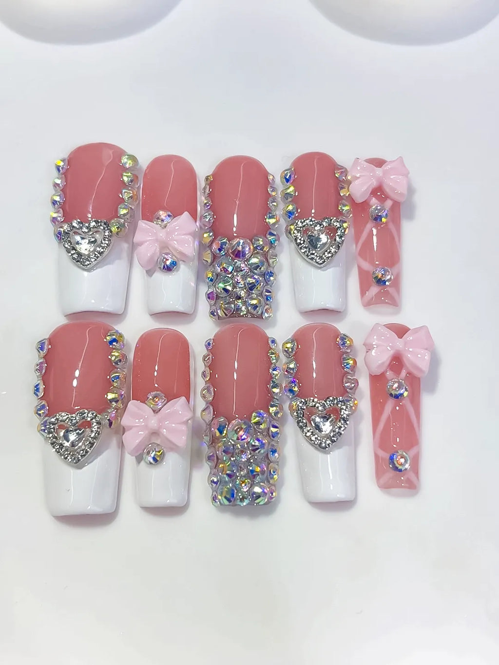 K040 - Long Pink White Square French tip Heart Bow