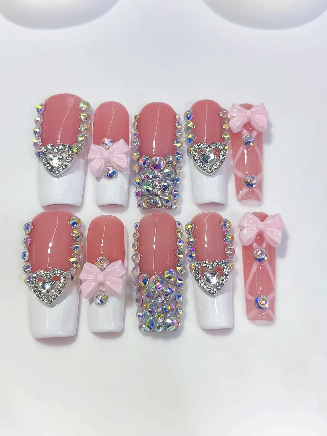 K040 - Long Pink White Square French tip Heart Bow