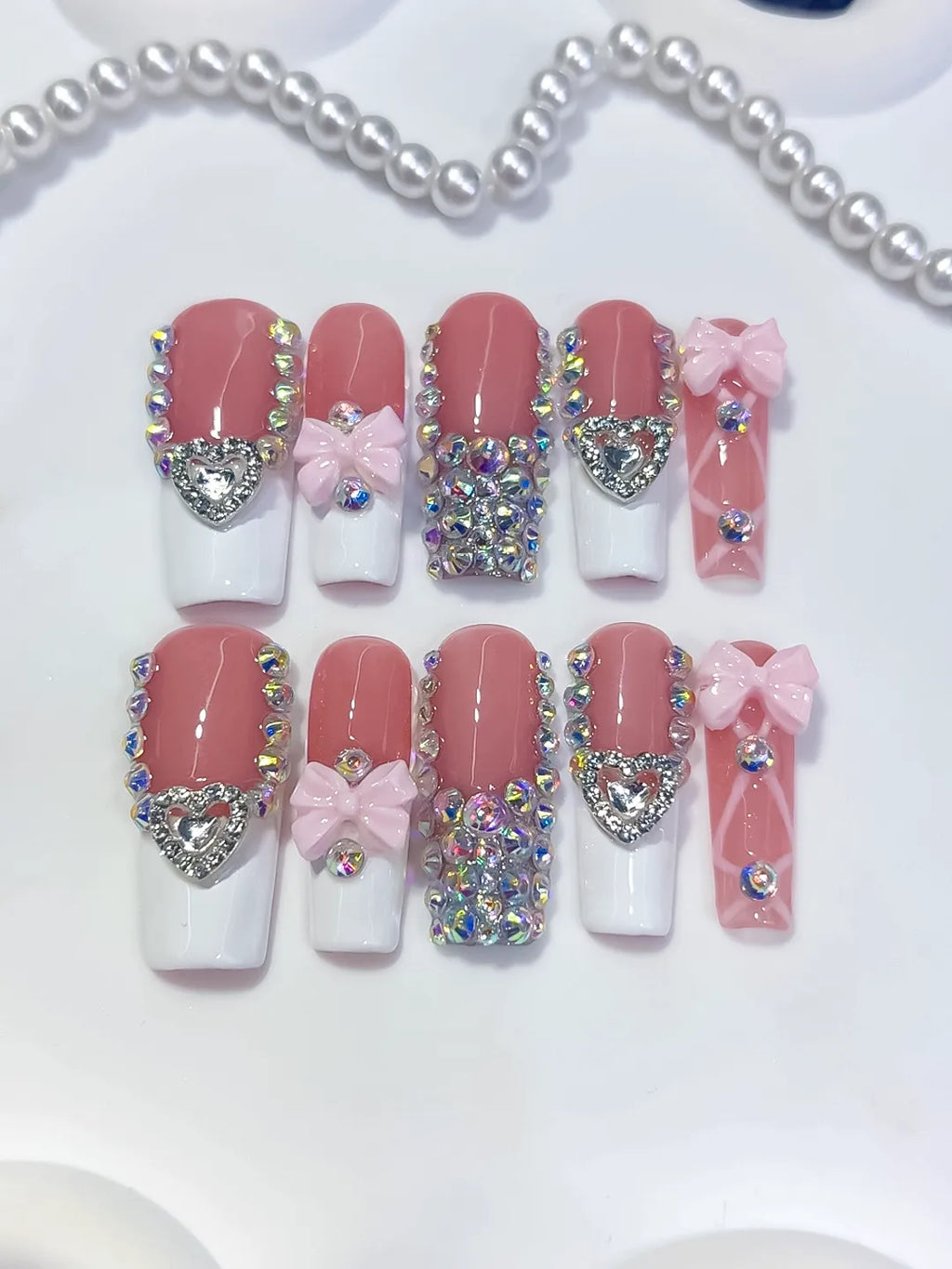 K040 - Long Pink White Square French tip Heart Bow