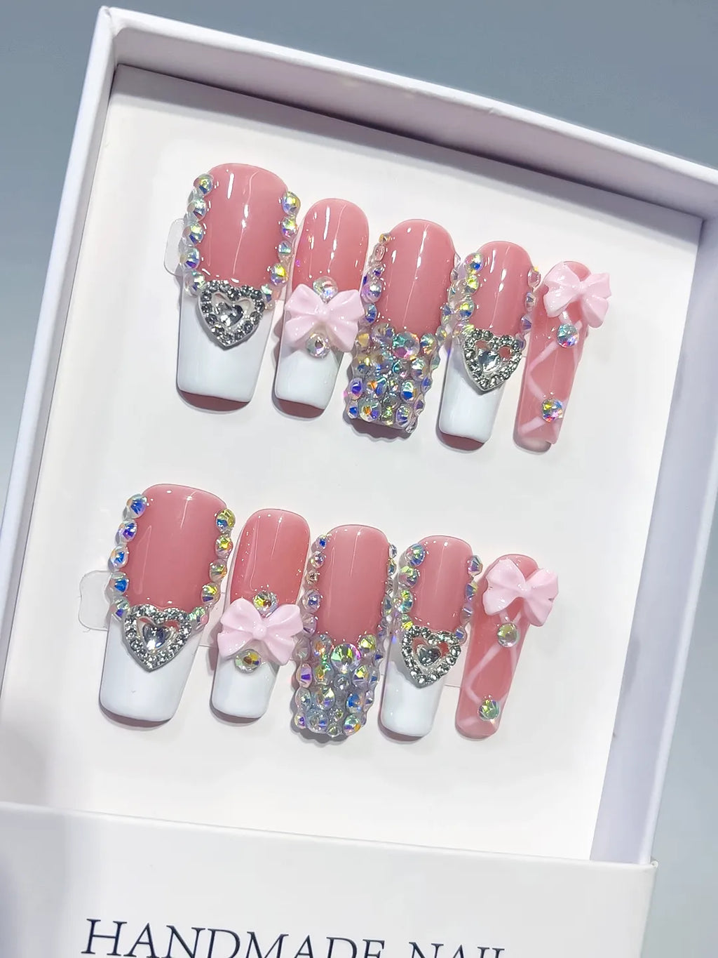 K040 - Long Pink White Square French tip Heart Bow