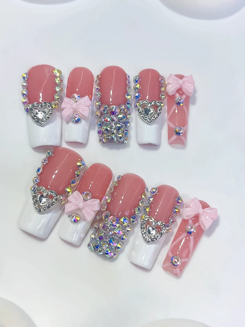K040 - Long Pink White Square French tip Heart Bow