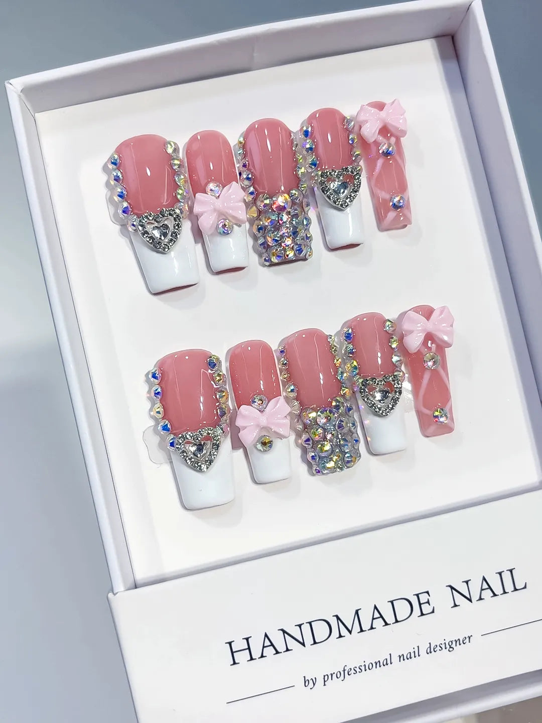 K040 - Long Pink White Square French tip Heart Bow