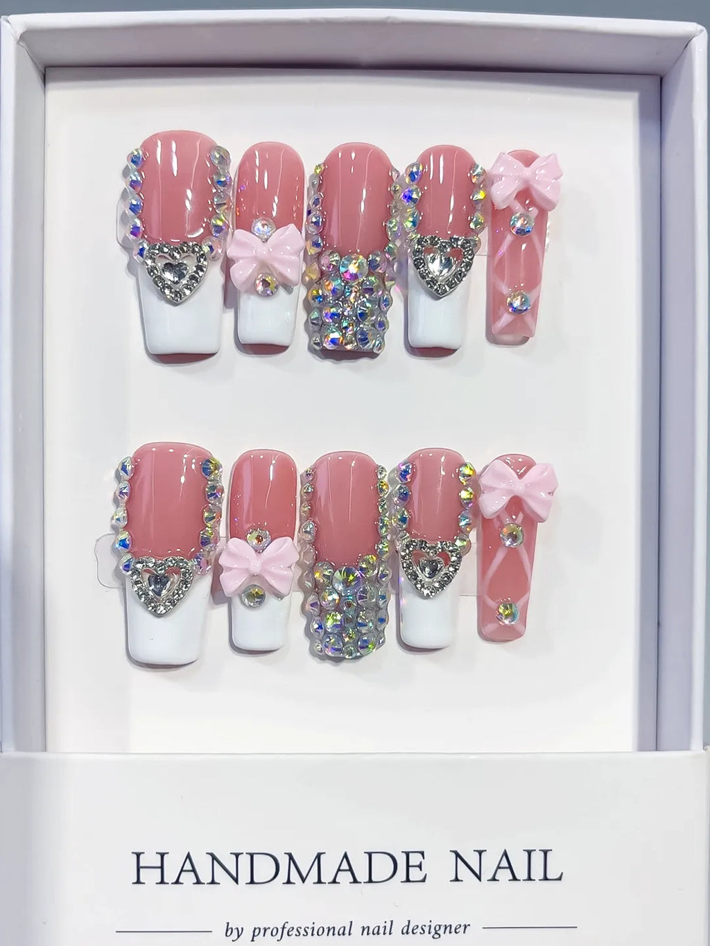 K040 - Long Pink White Square French tip Heart Bow