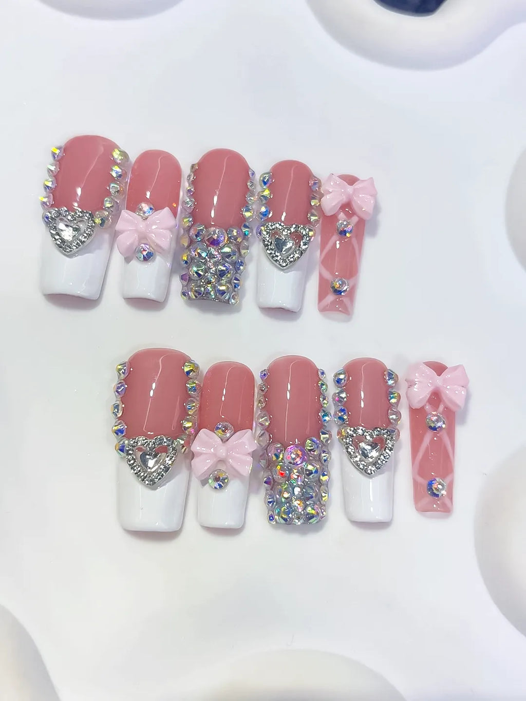 K040 - Long Pink White Square French tip Heart Bow