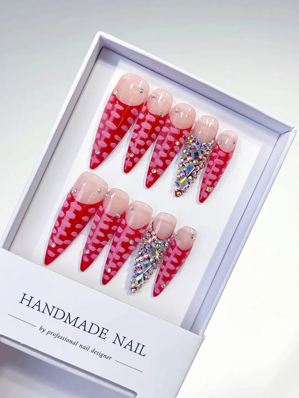 L001 - Long Red Pink Stiletto Abstract Rhinestone 3D