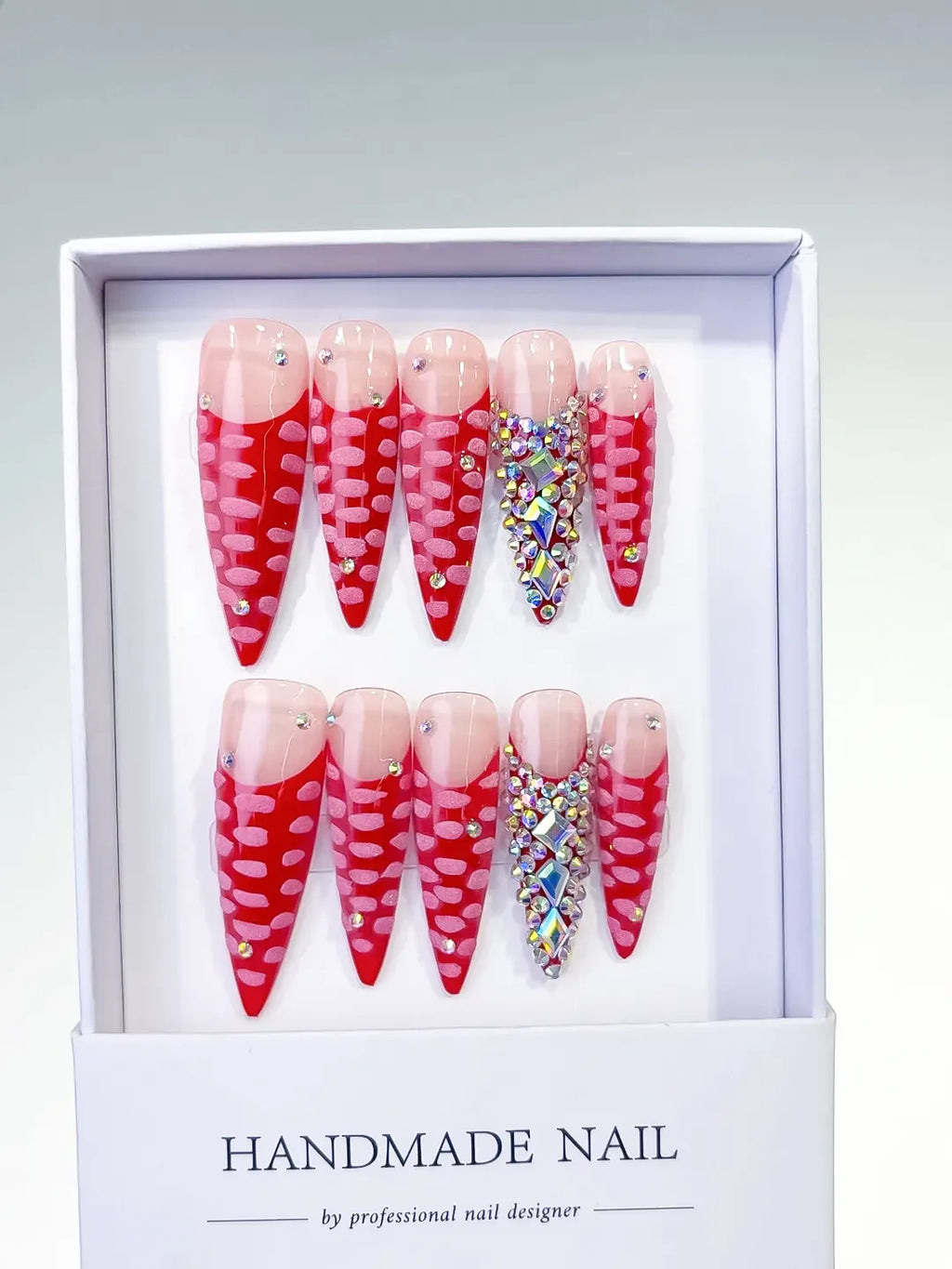 L001 - Long Red Pink Stiletto Abstract Rhinestone 3D
