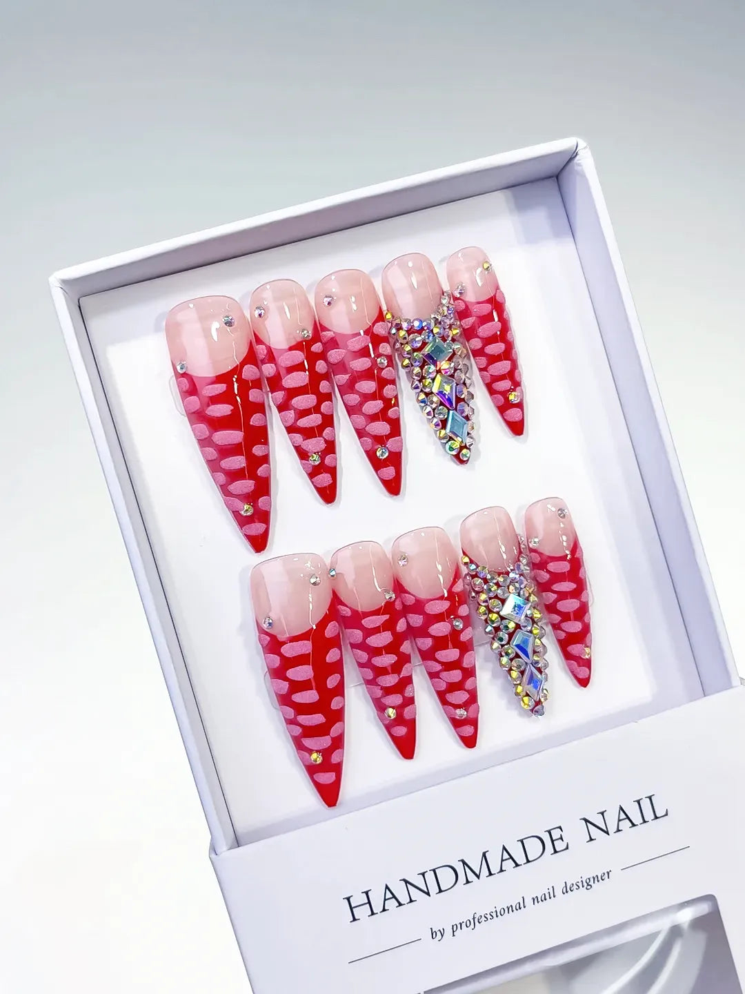 L001 - Long Red Pink Stiletto Abstract Rhinestone 3D
