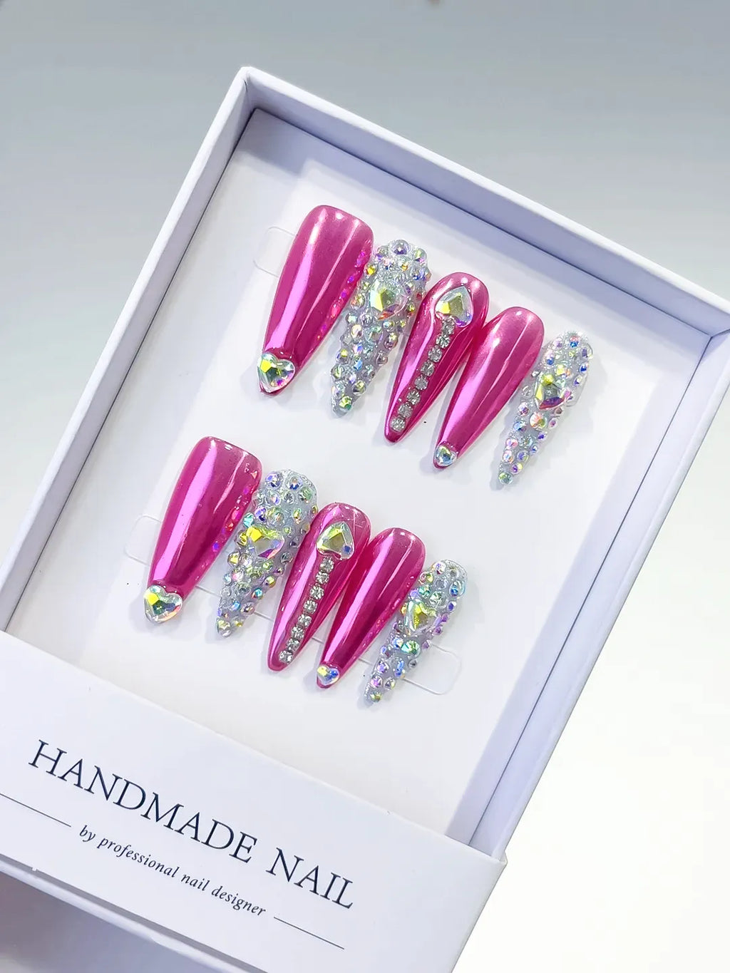 L002 - Long Pink Silver Stiletto Metallic Rhinestone