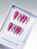 L002 - Long Pink Silver Stiletto Metallic Rhinestone