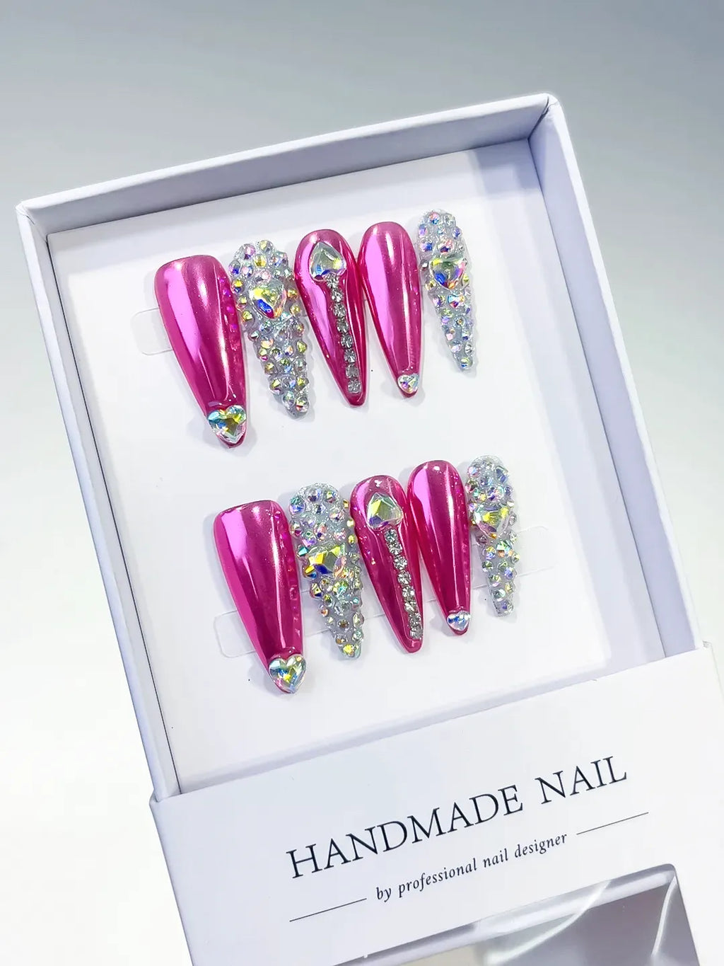 L002 - Long Pink Silver Stiletto Metallic Rhinestone