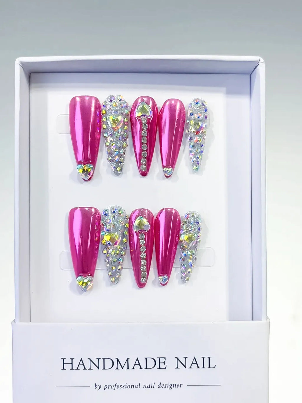 L002 - Long Pink Silver Stiletto Metallic Rhinestone