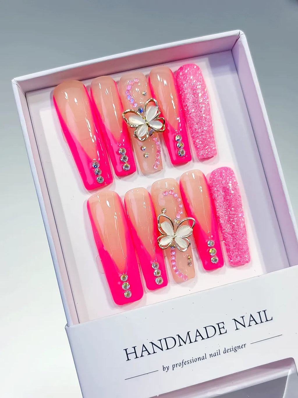 L003 - Long Pink Nude Square Ombre Butterfly Rhinestone
