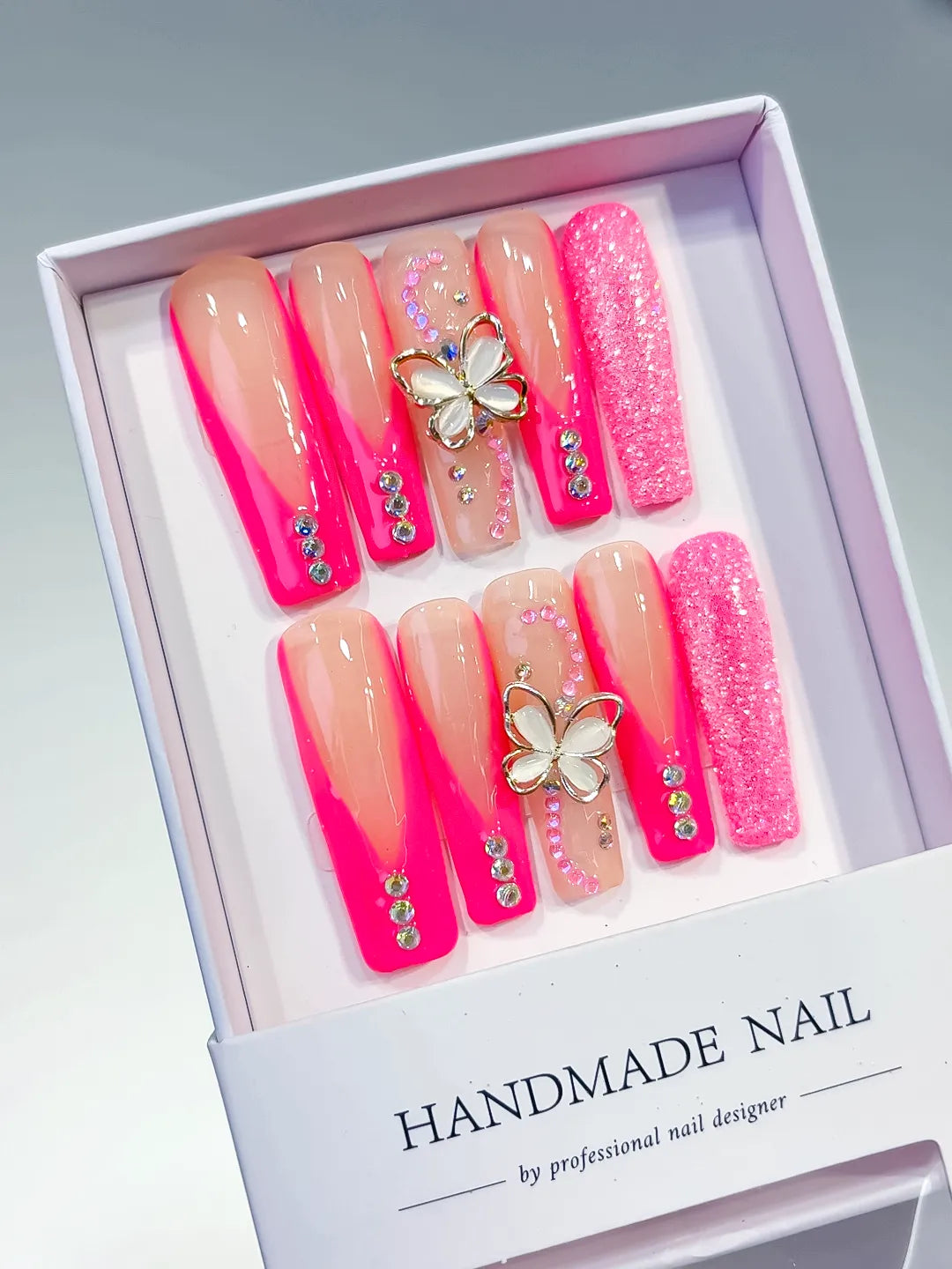 L003 - Long Pink Nude Square Ombre Butterfly Rhinestone